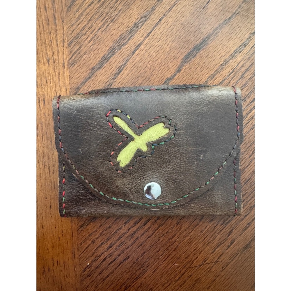 Handmade Leather Peace Sign Tri-Fold Wallet Paint Splatter Interior Brown Boho